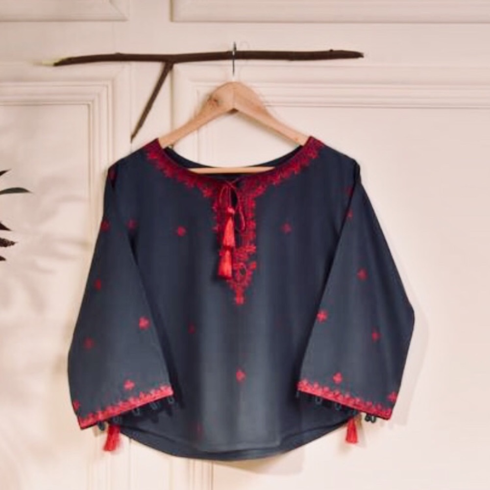 BNWT 2/$40 Handmade embroidery Navy shirt, with red detail